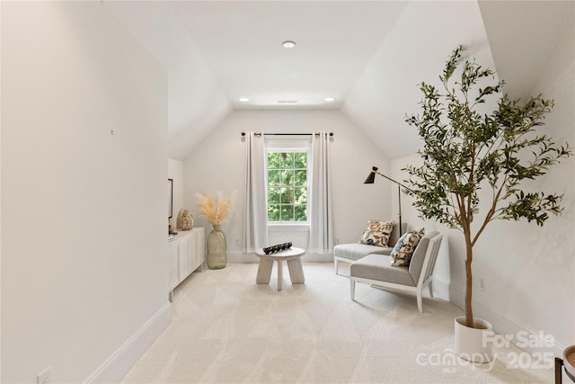 901 Hartford Ave, Charlotte, NC 28209 - sitting room featuring lofted ceiling, light colored carpet, recessed lighting, and baseboards