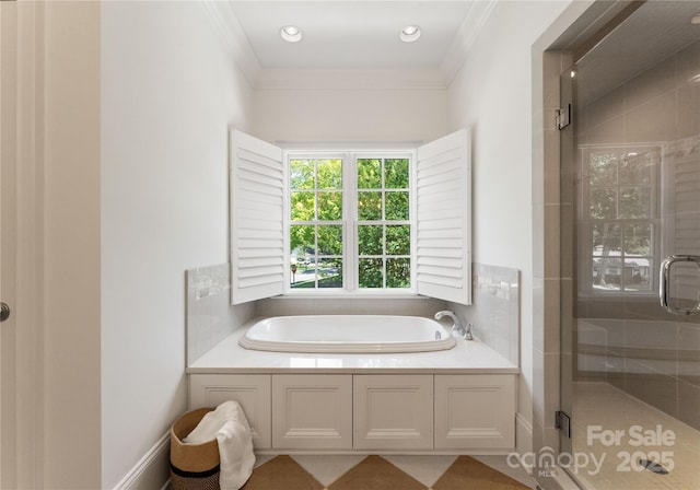 901 Hartford Ave, Charlotte, NC 28209 - full bathroom with a bath, a stall shower, and ornamental molding