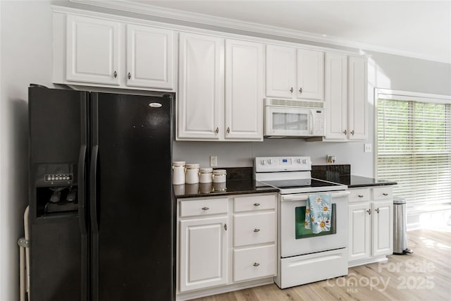 7704 Ninth Fairway Ln, Mint Hill, NC 28227 - kitchen featuring white appliances, dark countertops, white cabinetry, and ornamental molding