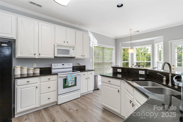 7704 Ninth Fairway Ln, Mint Hill, NC 28227 - kitchen featuring white appliances, ornamental molding, light wood finished floors, and white cabinets
