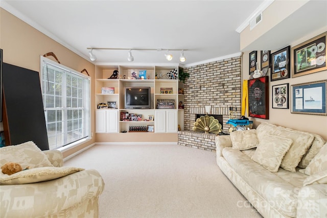 7704 Ninth Fairway Ln, Mint Hill, NC 28227 - carpeted living room featuring a brick fireplace and track lighting