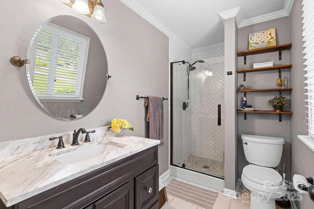 8 Briarwood Ln, Fletcher, NC 28732 - bathroom with vanity, ornamental molding, toilet, a shower stall, and tile patterned floors
