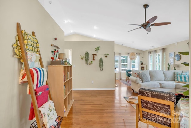 145 Fairway View Dr, Etowah, NC 28729 - living area featuring lofted ceiling, a ceiling fan, light wood-style floors, baseboards, and recessed lighting
