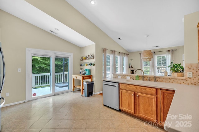 145 Fairway View Dr, Etowah, NC 28729 - kitchen with dishwasher, a sink, plenty of natural light, lofted ceiling, and recessed lighting