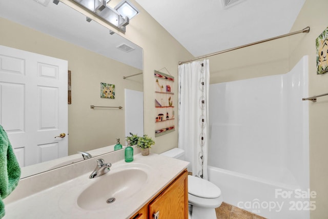 145 Fairway View Dr, Etowah, NC 28729 - bathroom featuring toilet, vanity, shower / bathtub combination with curtain, and tile patterned floors