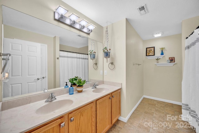 145 Fairway View Dr, Etowah, NC 28729 - bathroom featuring baseboards, double vanity, and a shower with curtain
