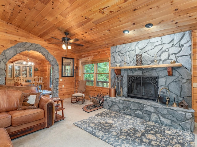 47 Tammy Dr, Maggie Valley, NC 28751 - living area featuring carpet floors, lofted ceiling, wood walls, a chandelier, and wooden ceiling