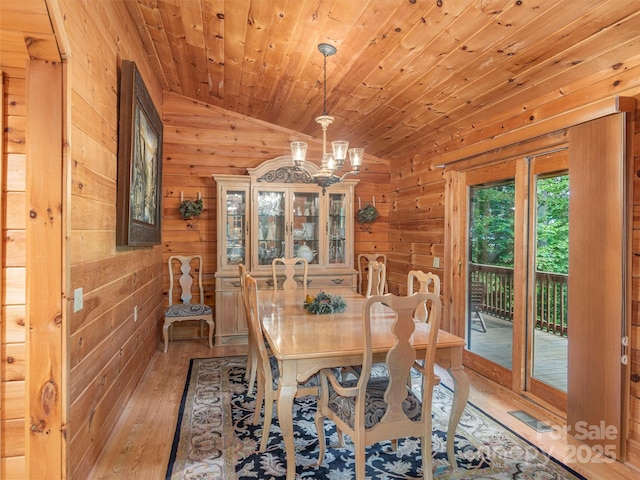 47 Tammy Dr, Maggie Valley, NC 28751 - dining space featuring hardwood / wood-style flooring, wooden walls, lofted ceiling, a chandelier, and wooden ceiling