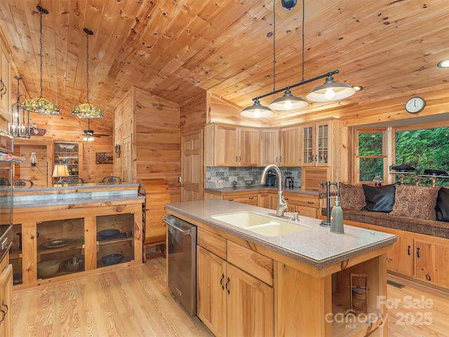 47 Tammy Dr, Maggie Valley, NC 28751 - kitchen featuring a sink, stainless steel dishwasher, wooden ceiling, light wood-style flooring, and light brown cabinetry