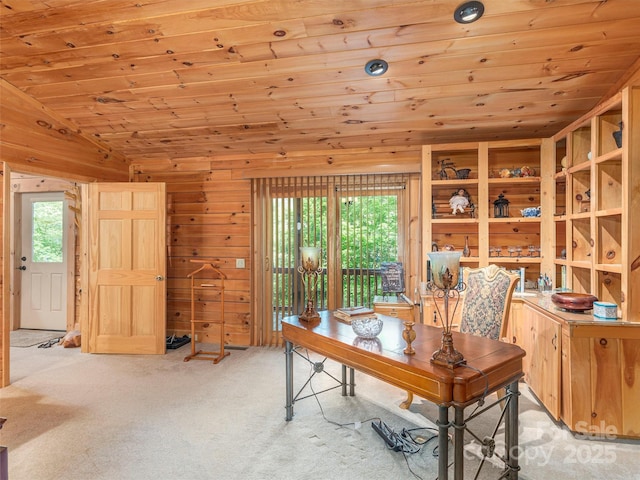 47 Tammy Dr, Maggie Valley, NC 28751 - carpeted home office featuring wooden ceiling, vaulted ceiling, and wooden walls