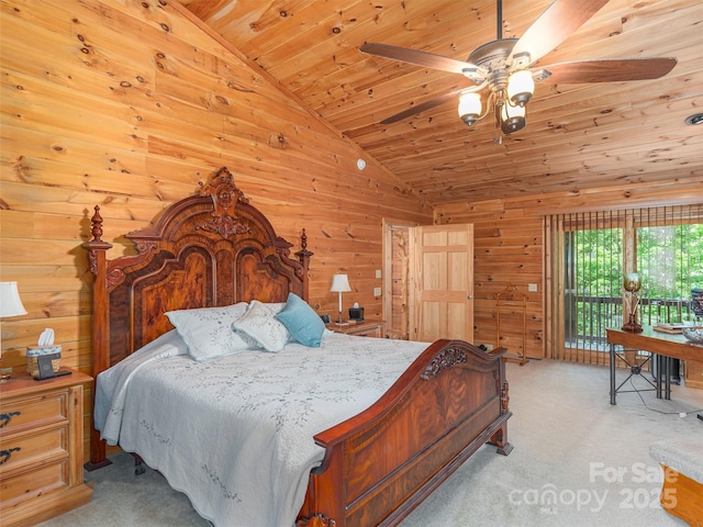 47 Tammy Dr, Maggie Valley, NC 28751 - bedroom featuring lofted ceiling, wooden ceiling, access to exterior, light carpet, and wooden walls