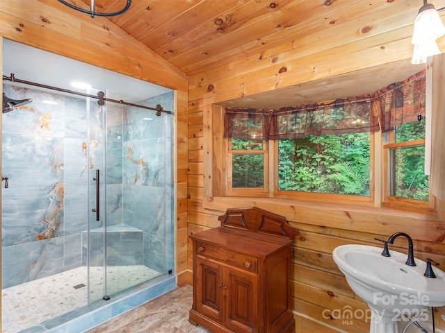 47 Tammy Dr, Maggie Valley, NC 28751 - bathroom featuring lofted ceiling, wooden ceiling, a shower stall, wood walls, and a sink