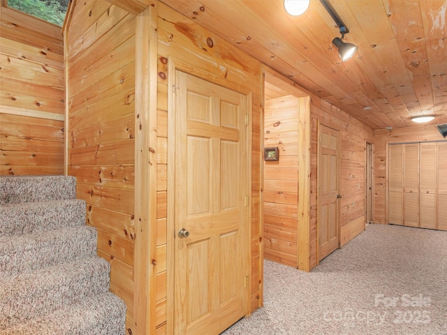 47 Tammy Dr, Maggie Valley, NC 28751 - corridor with wooden walls, carpet, stairway, and wooden ceiling