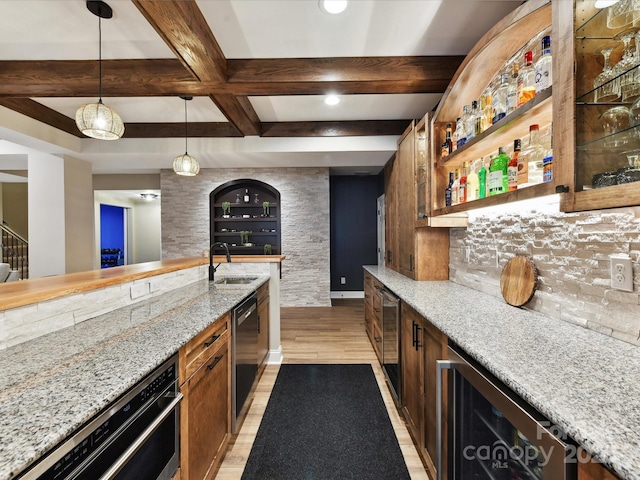 105 Beech Bluff Dr, Mount Holly, NC 28120 - indoor wet bar with dishwasher, light wood finished floors, beamed ceiling, beverage cooler, and pendant lighting