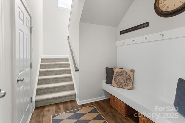 1826 Goodheart Ln, York, SC 29745 - mudroom featuring wood finished floors, lofted ceiling, and baseboards