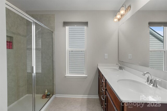 1826 Goodheart Ln, York, SC 29745 - bathroom featuring double vanity, baseboards, tile patterned floors, and a stall shower