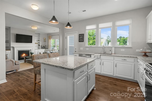 1826 Goodheart Ln, York, SC 29745 - kitchen featuring a sink, a center island, white cabinetry, a glass covered fireplace, and open floor plan