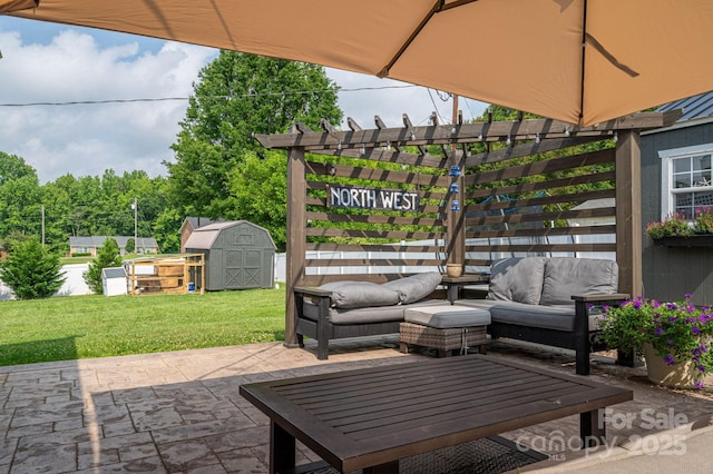 2206 Whitworth Rd, Cherryville, NC 28021 - view of patio with outdoor lounge area, a storage shed, and a pergola