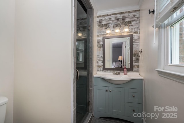 2206 Whitworth Rd, Cherryville, NC 28021 - ensuite bathroom featuring vanity, crown molding, a stall shower, and plenty of natural light