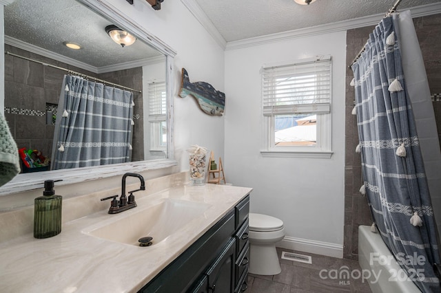 2206 Whitworth Rd, Cherryville, NC 28021 - full bathroom with vanity, crown molding, shower / bathtub combination with curtain, a textured ceiling, and tile patterned floors