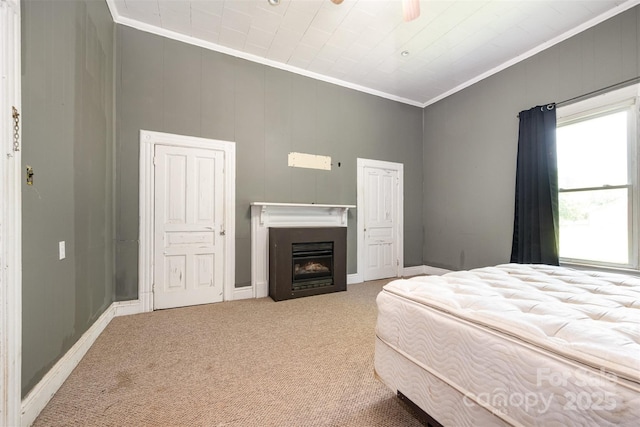 1637 N College Ave, Newton, NC 28658 - bedroom featuring crown molding, carpet floors, baseboards, a fireplace, and a ceiling fan