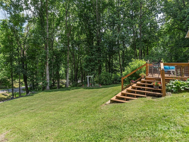 1903 Mauney Cove Rd, Waynesville, NC 28786 - view of grassy yard featuring a wooden deck and stairs