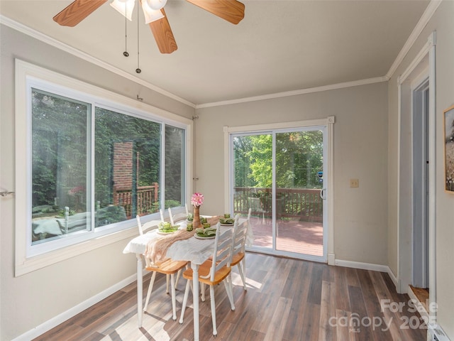 151 Ingram Loop, Clyde, NC 28721 - dining space featuring wood finished floors, crown molding, and ceiling fan