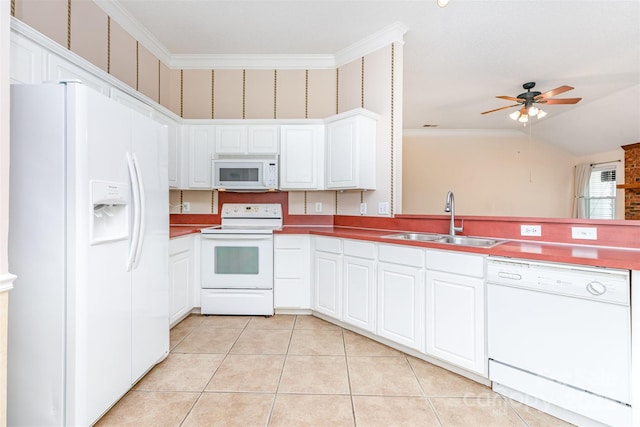 137 Citation Dr, Mooresville, NC 28117 - kitchen featuring white appliances, light tile patterned floors, ceiling fan, ornamental molding, and white cabinets