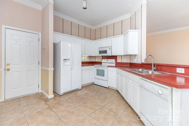 137 Citation Dr, Mooresville, NC 28117 - kitchen featuring white appliances, ornamental molding, a peninsula, light tile patterned floors, and white cabinets