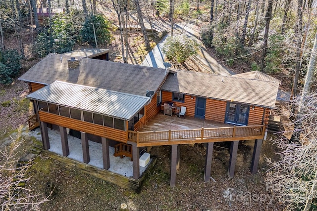 471 Highlands View Rd, Highlands, NC 28741 - back of property featuring a sunroom, a wooden deck, a shingled roof, and french doors