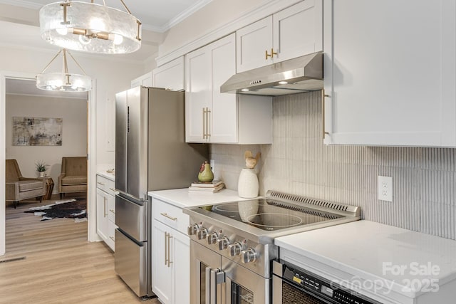 471 Highlands View Rd, Highlands, NC 28741 - kitchen with under cabinet range hood, appliances with stainless steel finishes, crown molding, light countertops, and white cabinets