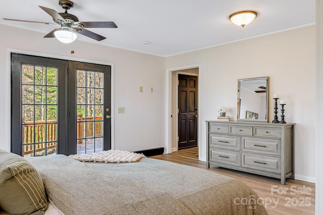 471 Highlands View Rd, Highlands, NC 28741 - bedroom featuring access to outside, baseboards, light wood-style flooring, and a ceiling fan