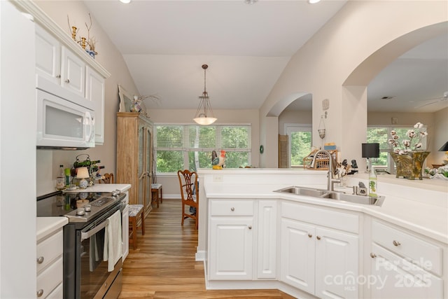 73 Ridgetop Cir Unit 302, Brevard, NC 28712 - kitchen with stainless steel electric range oven, white microwave, arched walkways, light wood finished floors, and vaulted ceiling