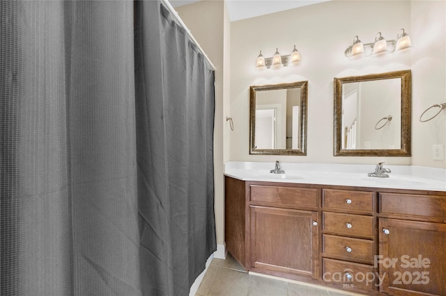 2765 Clover Rd NW, Concord, NC 28027 - bathroom with tile patterned floors, double vanity, and curtained shower