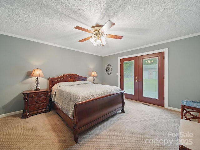733 Killian Rd, Stanley, NC 28164 - bedroom with access to exterior, french doors, light colored carpet, baseboards, and crown molding