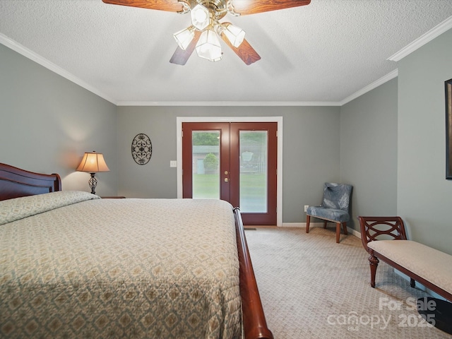 733 Killian Rd, Stanley, NC 28164 - bedroom featuring french doors, access to exterior, carpet floors, ornamental molding, and a ceiling fan