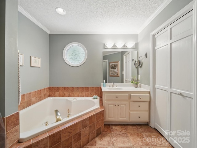 733 Killian Rd, Stanley, NC 28164 - full bath with a textured ceiling, a tub with jets, crown molding, and vanity