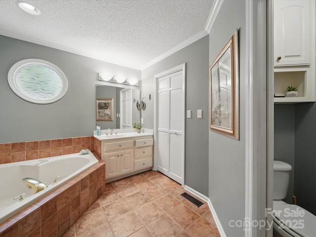 733 Killian Rd, Stanley, NC 28164 - bathroom with a tub with jets, vanity, toilet, crown molding, and a textured ceiling