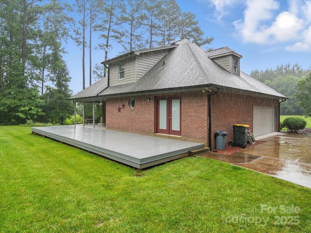 733 Killian Rd, Stanley, NC 28164 - back of house featuring a wooden deck, french doors, brick siding, and a lawn