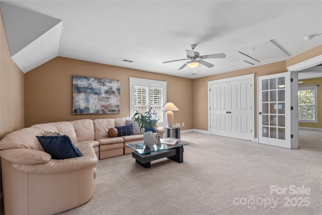 1336 Dobson Dr, Waxhaw, NC 28173 - living room with a ceiling fan, attic access, carpet floors, healthy amount of natural light, and vaulted ceiling