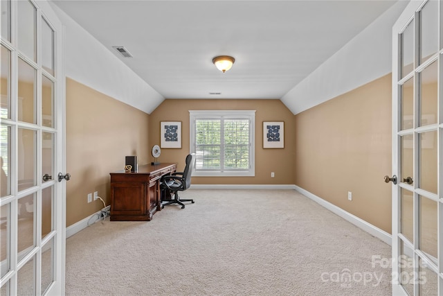 1336 Dobson Dr, Waxhaw, NC 28173 - office area featuring french doors, lofted ceiling, and carpet flooring