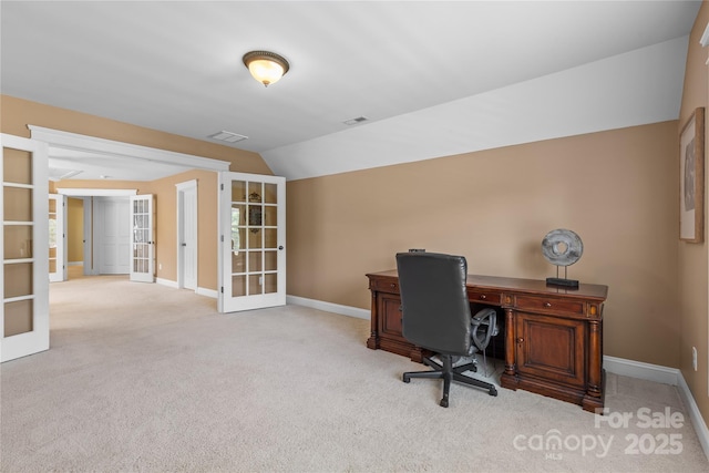 1336 Dobson Dr, Waxhaw, NC 28173 - office area featuring french doors, carpet floors, and vaulted ceiling