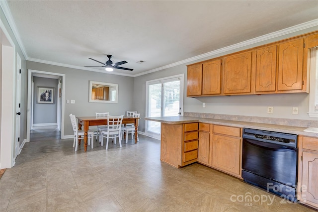 3413 Fallston Rd, Shelby, NC 28150 - kitchen with dishwasher, a ceiling fan, light countertops, ornamental molding, and a peninsula