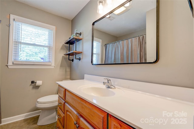 3413 Fallston Rd, Shelby, NC 28150 - bathroom with baseboards, vanity, toilet, tile patterned floors, and a shower with shower curtain