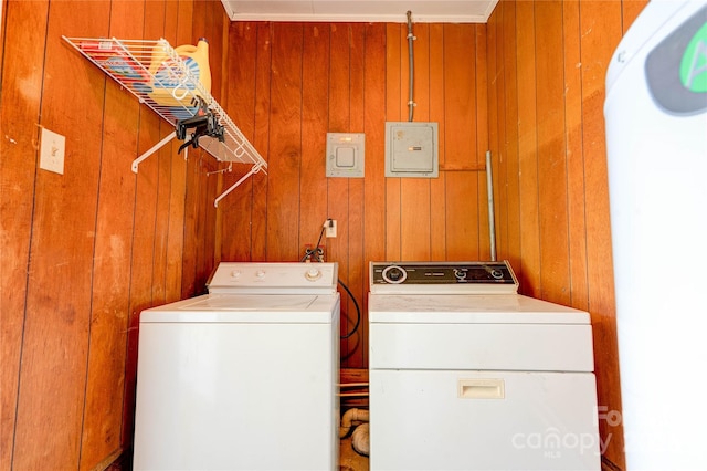3413 Fallston Rd, Shelby, NC 28150 - laundry room featuring separate washer and dryer and wood walls