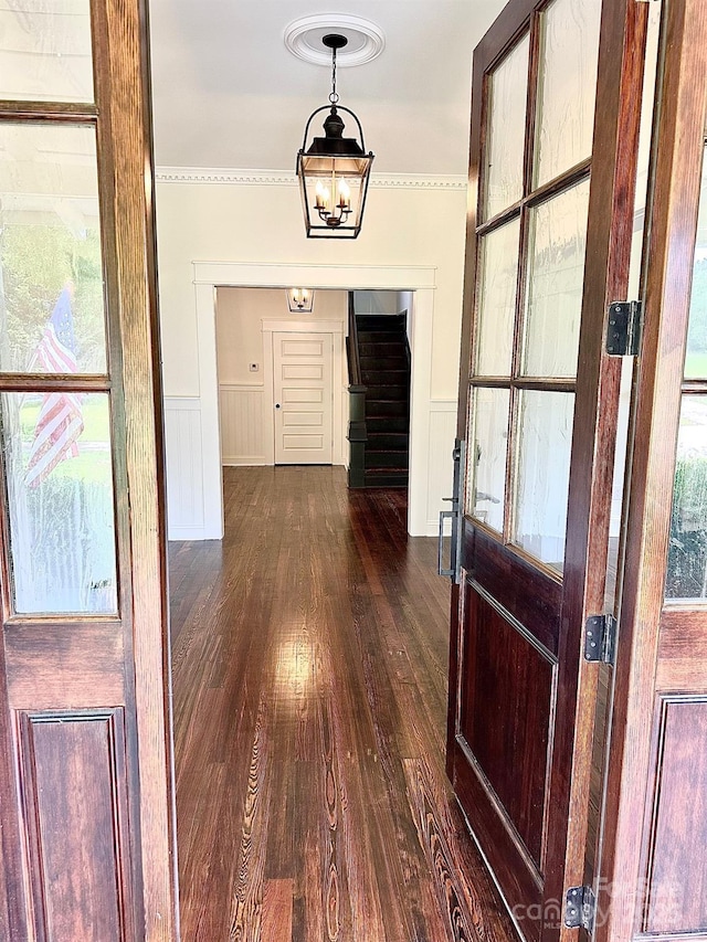 604 Ferguson Ridge Rd, Gastonia, NC 28052 - hallway featuring dark wood-type flooring, wainscoting, and ornamental molding