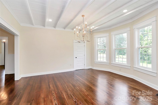 604 Ferguson Ridge Rd, Gastonia, NC 28052 - empty room with dark wood-style flooring, a chandelier, beamed ceiling, baseboards, and recessed lighting