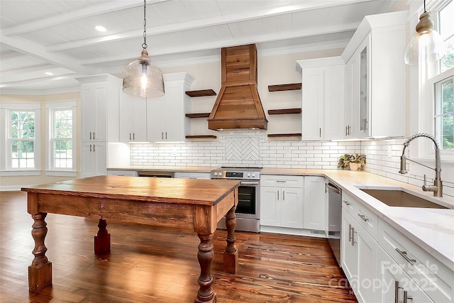 604 Ferguson Ridge Rd, Gastonia, NC 28052 - kitchen with open shelves, stainless steel appliances, a sink, custom range hood, and plenty of natural light