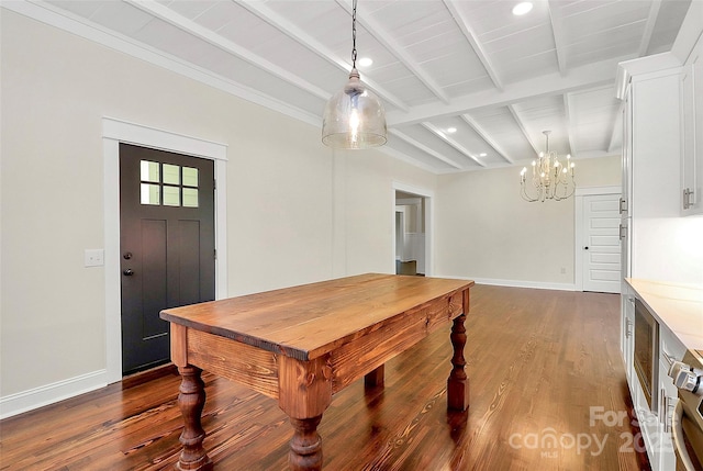 604 Ferguson Ridge Rd, Gastonia, NC 28052 - dining room featuring beamed ceiling, a chandelier, dark wood-style floors, baseboards, and recessed lighting