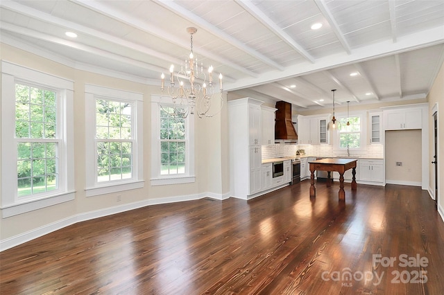 604 Ferguson Ridge Rd, Gastonia, NC 28052 - kitchen with custom range hood, a chandelier, plenty of natural light, decorative backsplash, and beam ceiling
